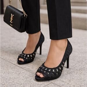Tory Burch Erin Blk Navy Satin Trim Studs Platform Peep stiletto Sz 9 Sexy Goth